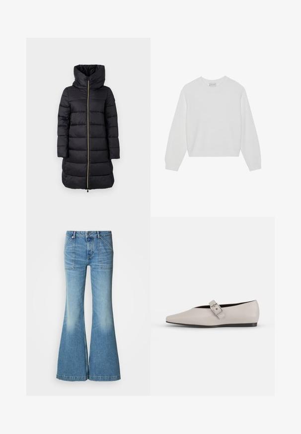 Manteau noir rembourré avec un col montant et une fermeture éclair sur toute la longueur. Présente un motif quilté horizontal et des manches longues.; Pull en tricot blanc avec un col rond, des épaules tombantes, une texture côtelée et un ourlet légèrement cropped. Tissu doux, design décontracté.; Jean flare en denim bleu clair avec une taille haute. Comprend deux poches avant et un motif délavé le long des jambes. L'ourlet est légèrement effiloché.; Chaussure plate en cuir beige avec un bout pointu, un accent de boucle sur le côté et une semelle noire basse. Texture lisse et design minimaliste.