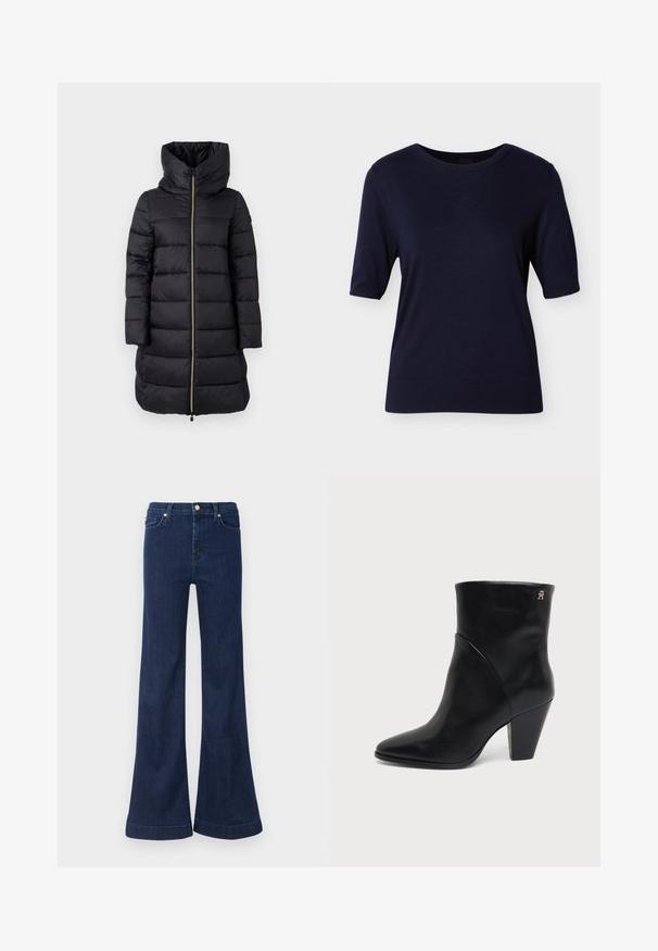 Manteau noir rembourré avec un col montant et une fermeture éclair sur toute la longueur. Présente un motif quilté horizontal et des manches longues.; Pull à manches courtes bleu marine avec un col rond, des poignets et un ourlet côtelés, fabriqué à partir d'un tissu en maille lisse. Aucun motif ou accent visible.; Jean flare bleu foncé en denim, doté d'une taille haute, d'un léger délavage et de finitions en doré sur les poches avant et le système de fermeture.; Bottine en cuir noir à bout pointu, talon carré et petit logo doré près du bord supérieur sur le côté extérieur.