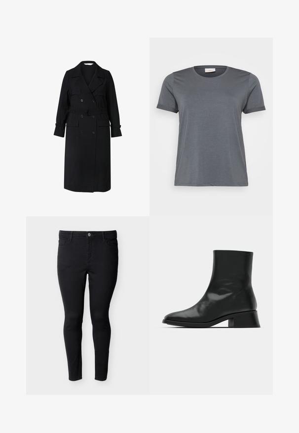Sort dobbeltbrystet lang trenchcoat med bælte, slagkrave, knappede manchetter og forlommer med klap.; Grå kortærmet T-shirt lavet af blødt stof, med en klassisk rund halsudskæring og oprullede ærmer. Glat tekstur uden synlige mønstre.; Sorte slim fit-jeans med fem lommer og knaplukning, vist på en hvid baggrund.; Sort ankelstøvle lavet af blank læder, med et strømlinet design, spids tå og en moderat blokhælhøjde for stabilitet.