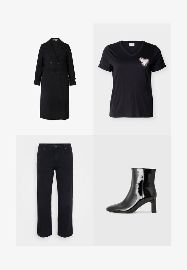 Sort dobbeltbrystet lang trenchcoat med bælte, slagkrave, knappede manchetter og forlommer med klap.; Sort V-hals T-shirt med korte ærmer og opbrettede kanter, med en lyserød hjerte-patch med små nitter og omgivende motiverende tekst på brystet.; Sorte denimjeans med lige ben-design. Funktioner inkluderer en knaplukning i taljen, bæltestropper og front-/baglommer. Glat tekstur.; Sort lakeret ankelstøvle med spids tå og en midt-højde blokhæl. Glat tekstur og minimalistisk design.