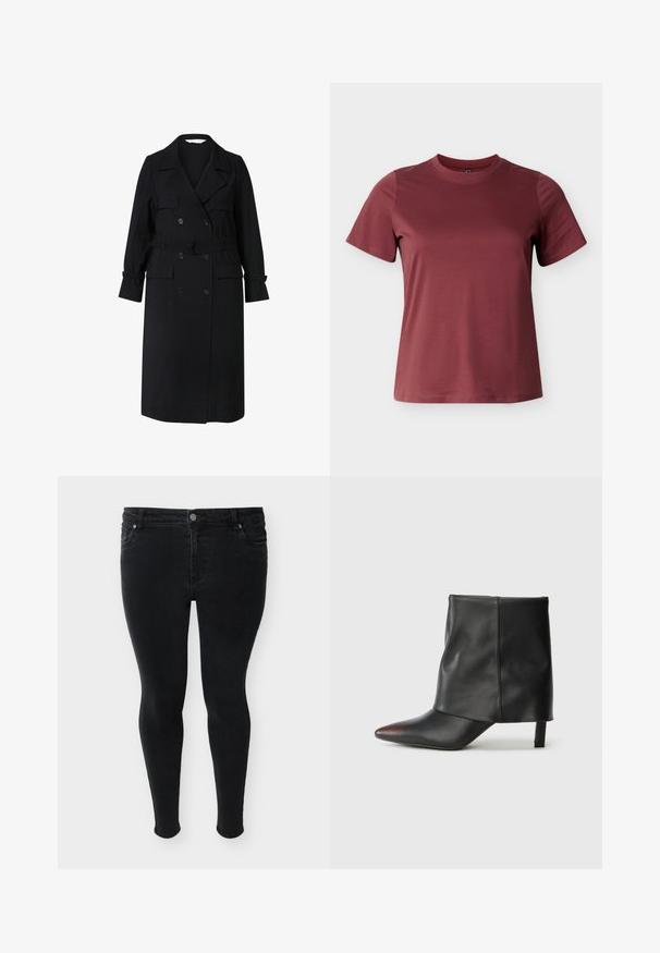 Sort dobbeltbrystet lang trenchcoat med bælte, slagkrave, knappede manchetter og forlommer med klap.; Bourgognefarvet t-shirt med korte ærmer lavet af blød bomuld, med rund halsudskæring og en glat, ensartet tekstur uden synlige mønstre eller accenter.; Sorte skinny jeans med forreste knap, lynlåslukke og fem-lommer stil, vist mod en ensfarvet baggrund.; Sort ankelstøvle lavet af glat læder med spids tå og tilspidset hæl. Overdelen har et let rynket design.