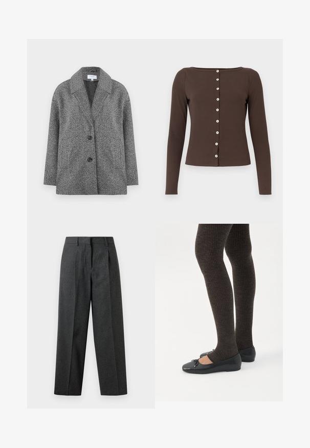 Grå, struktureret blazerjakke med tekstur, der har en spids krave, to knapper og lange ærmer. Stoffet har en blød finish og en fast form.; Brun langærmet top med rund hals, ribbet tekstur og hvide knaplukninger foran. Tætsiddende design med lige kant.; Mørkegrå bukser med høj talje, plissé detaljer foran, vide ben og glat tekstur. Skræddersyet design uden synlig hardware eller udsmykninger.; Ben iført mørke ribbede leggings kombineret med sorte balletsko med små sløjfedetaljer på hvid baggrund.