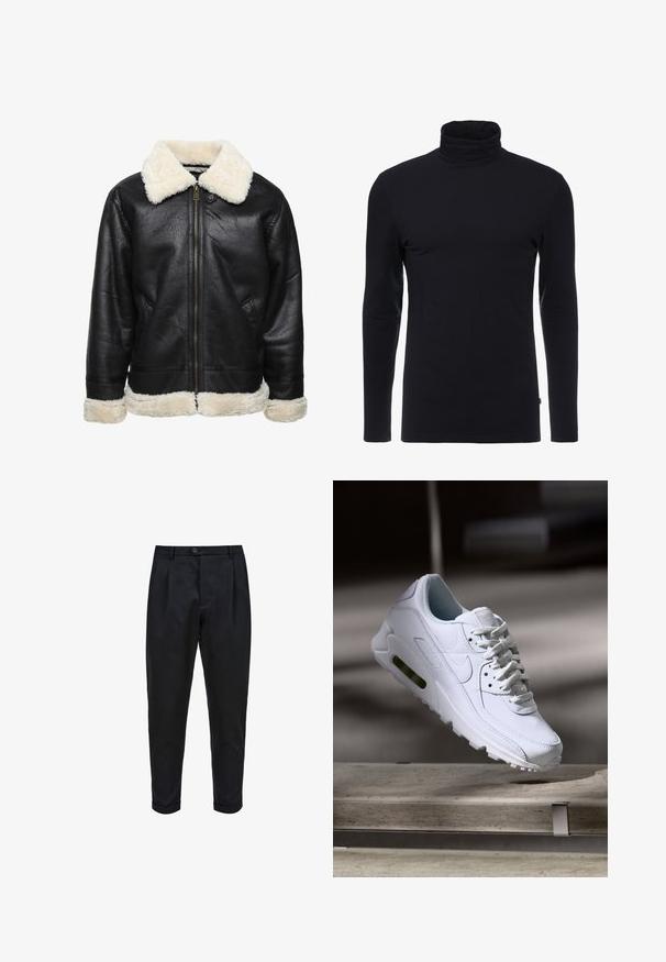 Chaqueta de cuero sintético negra con un cuello y puños de piel sintética blanca. Cuenta con un cierre frontal y bolsillos laterales. Superficie texturizada visible.; Camisa de cuello alto negra de manga larga, hecha de una tela suave y elástica. Presenta un diseño ajustado y una textura lisa. Sin patrones ni acentos visibles.; Pantalones negros de tejido suave, con un frente plisado, ajuste tapered y puños enrollados. Cierre de botón sencillo en la cintura.; Zapatilla blanca de piel con superficies texturizadas, cuello acolchado y amortiguación de aire visible en la suela. Presenta cordones y un diseño minimalista.