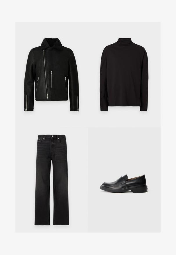 Chaqueta de cuero negra de estilo motero con cremallera frontal asimétrica, tres bolsillos con cremallera, cremalleras en los puños de las mangas y un suave collar de forro polar.; Suéter de cuello vuelto negro de manga larga, elaborado con una tela suave y lisa, que tiene un corte holgado y carece de patrones o acentos visibles.; Jeans negros de pierna recta con diseño de cinco bolsillos, presillas para cinturón y cierre de botón, mostrados sobre un fondo blanco.; Zapato de vestir negro de cuero sin cordones con tacón bajo y un sutil logo de Calvin Klein en el lateral, mostrado en perfil sobre un fondo blanco.