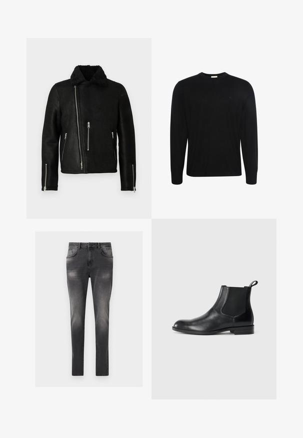 Chaqueta de cuero negra de estilo motero con cremallera frontal asimétrica, tres bolsillos con cremallera, cremalleras en los puños de las mangas y un suave collar de forro polar.; Jersey negro de manga larga con cuello redondo, tela con textura sutil y pequeño logo bordado en el pecho izquierdo.; Vaqueros ajustados de color gris oscuro con detalles desgastados, cierre frontal de botones, cinco bolsillos y trabillas para cinturón.; Botín negro de cuero hasta el tobillo con paneles elásticos a los lados, punta redondeada y lengüeta. Textura suave, suela plana, diseño minimalista.