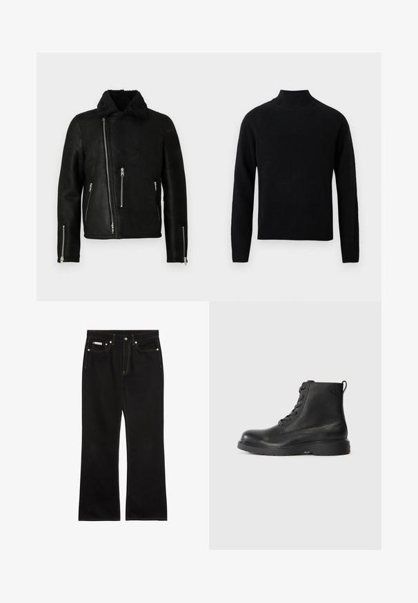 Chaqueta de cuero negra de estilo motero con cremallera frontal asimétrica, tres bolsillos con cremallera, cremalleras en los puños de las mangas y un suave collar de forro polar.; Jersey de cuello alto negro con mangas largas, fabricado con un material de punto suave. Presenta un cuello y bajo acanalados para una silueta ajustada.; Vaqueros negros de pierna recta con costuras naranjas, cinco bolsillos, cierre de botón y una pequeña etiqueta Calvin Klein en el bolsillo delantero derecho.; Botín negro de tobillo hecho de cuero texturizado con punta redonda, diseño con cordones y una resistente suela de goma negra. Presenta un lazo en el talón.