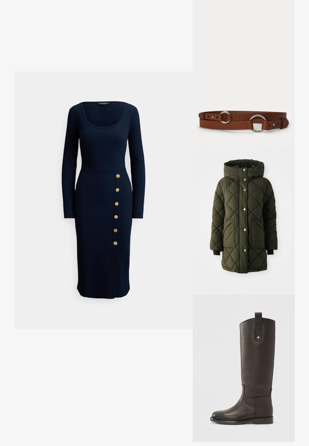 Olivgrüne gesteppte Pufferjacke mit Kapuze, goldenen Druckknöpfen, Seiten taschen und schwarzen Strickbündchen. Verfügt über einen geraden Schnitt.; Marineblaues, langärmliges Kleid mit Rippstrick, quadratischem Ausschnitt und seitlichen Knöpfen. Es hat eine figurbetonte Silhouette und einen knielangen Saum.; Hohe, dunkelbraune Lederstiefel mit glatter Oberfläche, abgerundeter Spitze und einem kontrastierenden braunen Akzent. Mit einem seitlichen Riemen und einem Metallschnappverschluss.; Brauner Ledergürtel mit silbernen, runden Metallringen und verstellbaren Schnallenlöchern auf einfachem, hellem Hintergrund.