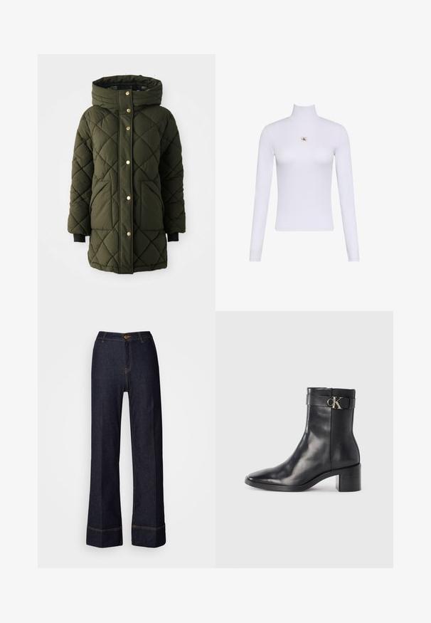 Olivgrüne gesteppte Pufferjacke mit Kapuze, goldenen Druckknöpfen, Seiten taschen und schwarzen Strickbündchen. Verfügt über einen geraden Schnitt.; Weißes Langarm-Turtleneck-Top mit einem kleinen Calvin Klein Logo-Patch zentral auf der Brust.; Dunkelblaue weit geschnittene Jeans mit hoher Taille, die einen vorderen Knopfverschluss und orangefarbene Nähte aufweisen. Gesamte glatte Textur.; Schwarze Leder-Ankle Boots mit spitzem Zehenbereich, Blockabsatz und einem Riemen mit einem metallischen Logodetail. Glatte Textur und minimales Design.
