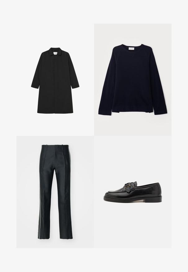 Sort trenchcoat med et minimalistisk design, der har en lige silhuet, lange ærmer, sidelommer og en knaplukning.; OFFICINE GENERALE NATE CNECK - Striktrøje - black; Sorte satinbukser med en skræddersyet pasform, der har hvide sidelister. Designet med en udvidet benvidde og frontfolder for ekstra detalje.; Sorte læder loafers med rund tå og en dekorativ spændeaccent. Flad, solid hæl og glat tekstur hele vejen igennem.