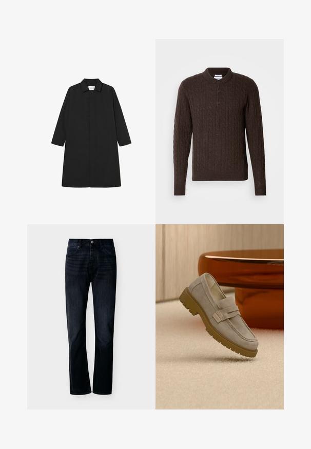 Sort trenchcoat med et minimalistisk design, der har en lige silhuet, lange ærmer, sidelommer og en knaplukning.; Mørkebrun strikket sweater med kabelmønster, lange ærmer, krave og tre knaplukninger foran.; Mørk indigoblå jeans med lige ben, lukning foran med knap og lynlås, bæltestropper og fem-lomme-design, vist på ensfarvet lys baggrund.; Lysegrå ruskind loafers med chunky brun gummisål placeret på beige tæppe foran et sløret brunt rundt bord.
