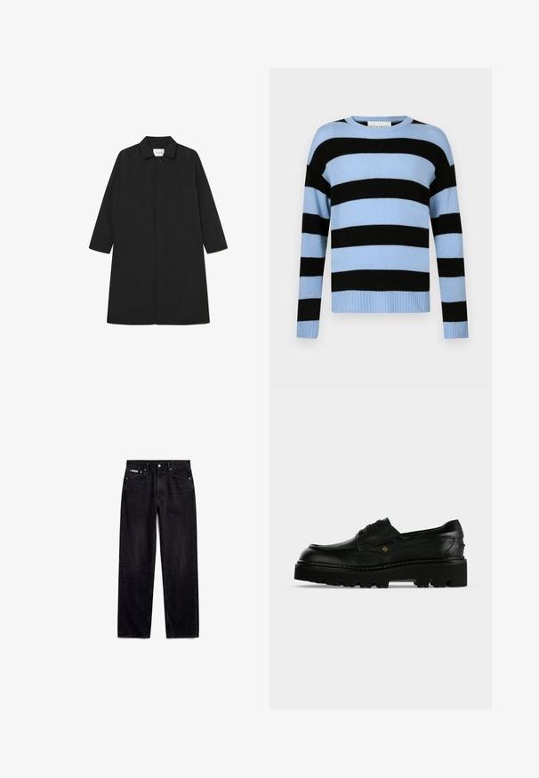 Manteau noir style trench avec un design minimaliste, présentant une silhouette droite, des manches longues, des poches latérales et une fermeture à boutons.; Pull rayé avec des couleurs alternées bleu clair et noir, col rond, manches longues, ourlet et poignets côtelés. Texture douce en maille.; Jean noir droit avec cinq poches, bouton en métal et étiquette Calvin Klein sur la petite poche avant.; Mocassin en cuir noir à grosse semelle à lacets avec une semelle extérieure épaisse et crantée et un petit logo doré sur le côté.