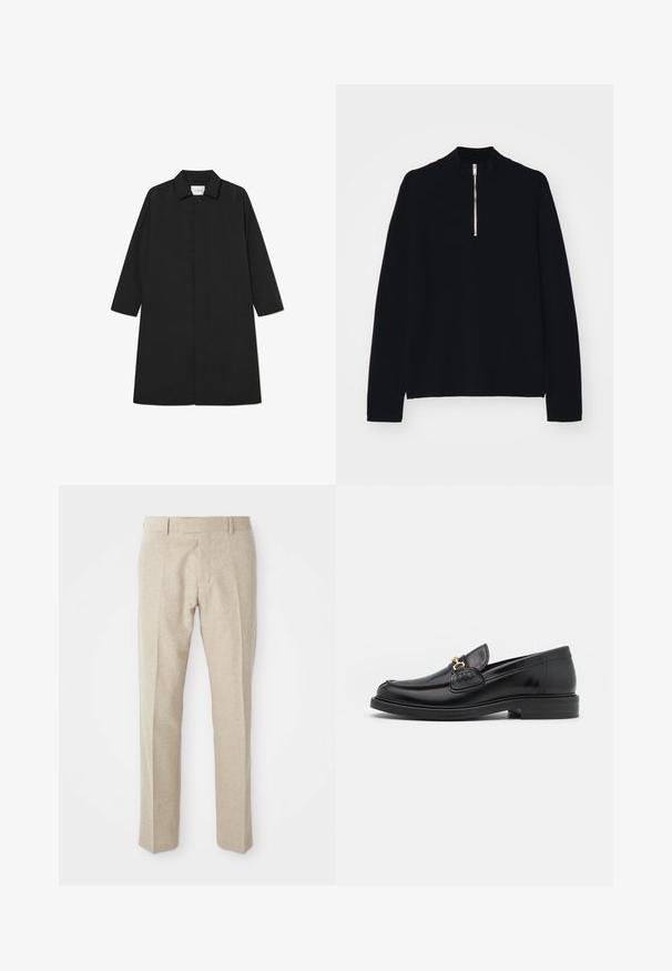 Sort trenchcoat med et minimalistisk design, der har en lige silhuet, lange ærmer, sidelommer og en knaplukning.; Sort langærmet top lavet af et blødt materiale, med en høj mock-neck og en halv lynlås foran, med en afslappet pasform.; Beige skræddersyede bukser lavet af tekstureret stof, med flad front, lige ben og en traditionel talje med bæltesløjfer.; Sorte læder loafers med en rund tå, der har guld hardware accent og syningsdetaljer, placeret på en lav, tekstureret gummisål.