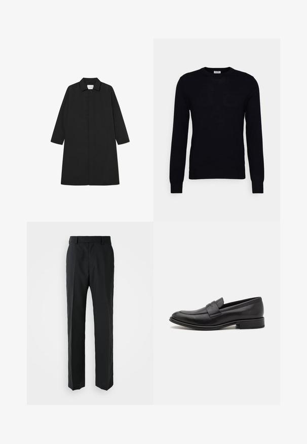 Sort trenchcoat med et minimalistisk design, der har en lige silhuet, lange ærmer, sidelommer og en knaplukning.; Sort langærmet sweater lavet af blødt strikket materiale. Rund halsudskæring, ribbede manchetter og kant. Minimalistisk design uden synlige mønstre eller knapper.; Sorte bukser med lige ben-design, lavet af glat stof. Har en flad talje og ingen synlige mønstre eller udsmykninger.; Sort læderloafer med en glat finish, en dekorativ rem over vristen, rund tå og en lav stablet hæl.
