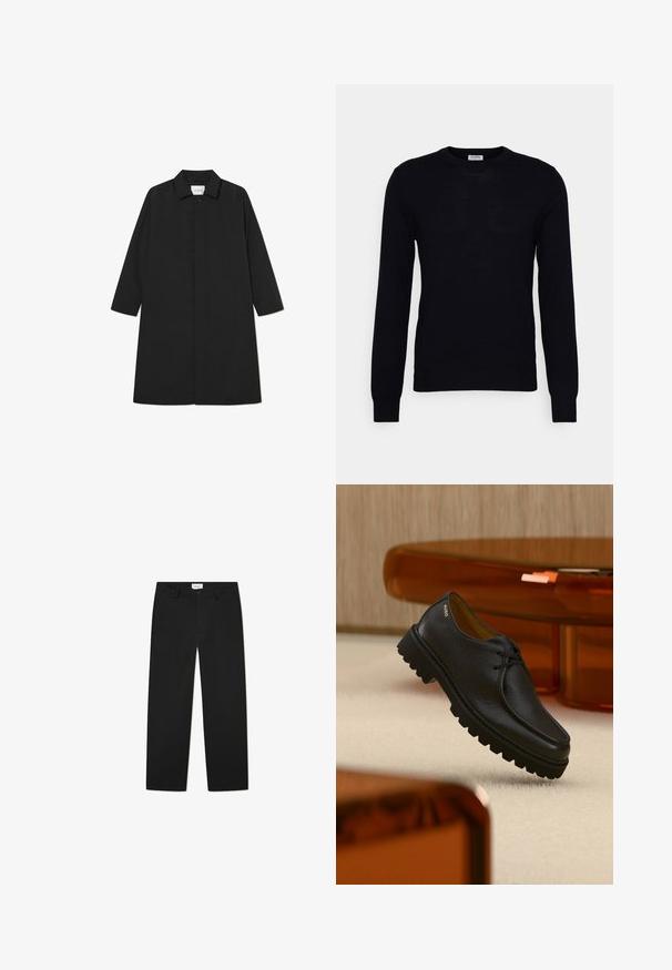 Manteau noir style trench avec un design minimaliste, présentant une silhouette droite, des manches longues, des poches latérales et une fermeture à boutons.; Pull noir à manches longues en tricot doux. Encolure ronde, poignets et ourlet côtelés. Design minimaliste sans motifs ni boutons visibles.; Pantalons noirs ajustés en tissu lisse. Présentent une fermeture à bouton, des passants de ceinture et des poches sur les côtés. Design à jambes droites sans ornements.; Chaussure à lacets en cuir noir texturé avec une semelle épaisse à rainures, marquée "HUGO" près du talon, présentée sur un tapis beige et un mobilier ambre.