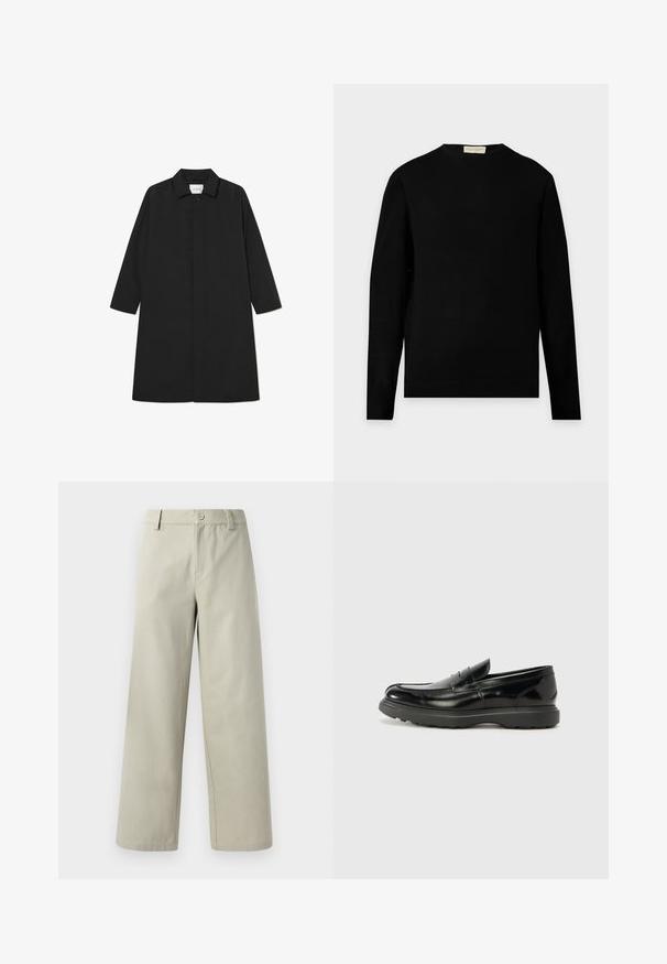 Sort trenchcoat med et minimalistisk design, der har en lige silhuet, lange ærmer, sidelommer og en knaplukning.; Sort langærmet crewneck-trøje med et enkelt, ensfarvet design, vist mod en lysegrå baggrund.; Han Kjøbenhavn WIDE LEG - Bukser - light grey; Sort læderloafer med en blank finish, rund tå, subtile syninger og en tyk gummisål for holdbarhed.