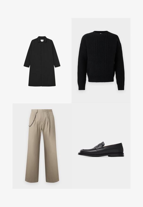 Sort trenchcoat med et minimalistisk design, der har en lige silhuet, lange ærmer, sidelommer og en knaplukning.; Sort strikket sweater med kabel- og waffle-mønstre, rund hals, lange ærmer samt ribstrikkede manchetter og kant.; Beige bukser med vide ben, forreste plisseringer og en metal kæde fastgjort til det venstre bæltebånd for stil.; Sort læder penny loafer med lav hæl, rundet tå og dekorativ rem over vristen, sat på en ensartet lys baggrund.