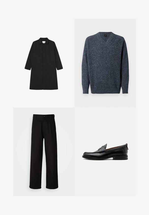 Sort trenchcoat med et minimalistisk design, der har en lige silhuet, lange ærmer, sidelommer og en knaplukning.; Marineblå ribstrikket sweater med V-hals og lange ærmer. Fremstillet af et struktureret materiale, har en afslappet pasform og tætsiddende manchetter.; Sorte bukser lavet af glat stof, med lige ben, frontfolder og en enkelt knaplukning i taljen.; Sort læder herre loafer med moc-tå syning, penny strop, struktureret krave og lav stablet hæl på hvid baggrund.