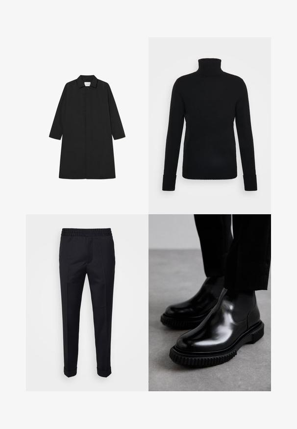 Sort trenchcoat med et minimalistisk design, der har en lige silhuet, lange ærmer, sidelommer og en knaplukning.; FTC Cashmere ROLLNECK - Striktrøje - moonless night; Sorte bukser lavet af letvægtsstof, med elastisk talje, sidelommer og oprevne kant. Glat tekstur med frontvendinger.; Sorte læder Chelsea støvler med en glat overflade, elastiske sidepaneler og en tykkere, struktureret gummisul med et robust dækmønster.