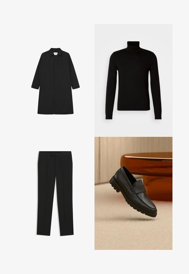 Manteau noir style trench avec un design minimaliste, présentant une silhouette droite, des manches longues, des poches latérales et une fermeture à boutons.; Pull col roulé noir en tissu tricoté fin, doté de manches longues et d'une silhouette ajustée. Texture lisse avec des poignets côtelés.; Pantalon formel noir avec jambes droites, poches latérales et taille ajustée, présenté sur fond blanc.; Mocassin en cuir noir avec semelle épaisse à rainures présenté au-dessus d'un tapis beige, table courbée marron en arrière-plan.