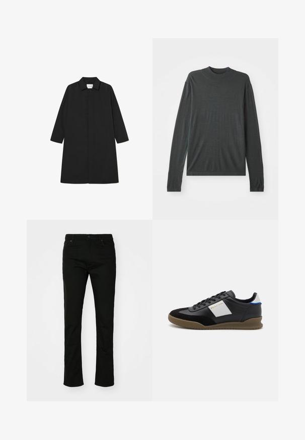Sort trenchcoat med et minimalistisk design, der har en lige silhuet, lange ærmer, sidelommer og en knaplukning.; Mørkegrå langærmet strikket sweater med høj, ribbet krave. Blød tekstur, afslappet pasform og ingen synlige mønstre eller hardwaredetaljer.; Sorte denim jeans med lige ben design, fem lomme-stil og knaplukning. Glat tekstur med subtile stikninger detaljer.; Sorte læder- og ruskinds sneakers med en grå panel, brun gummisål og blå detaljer på hælen. Har snørebånd og præget logo.