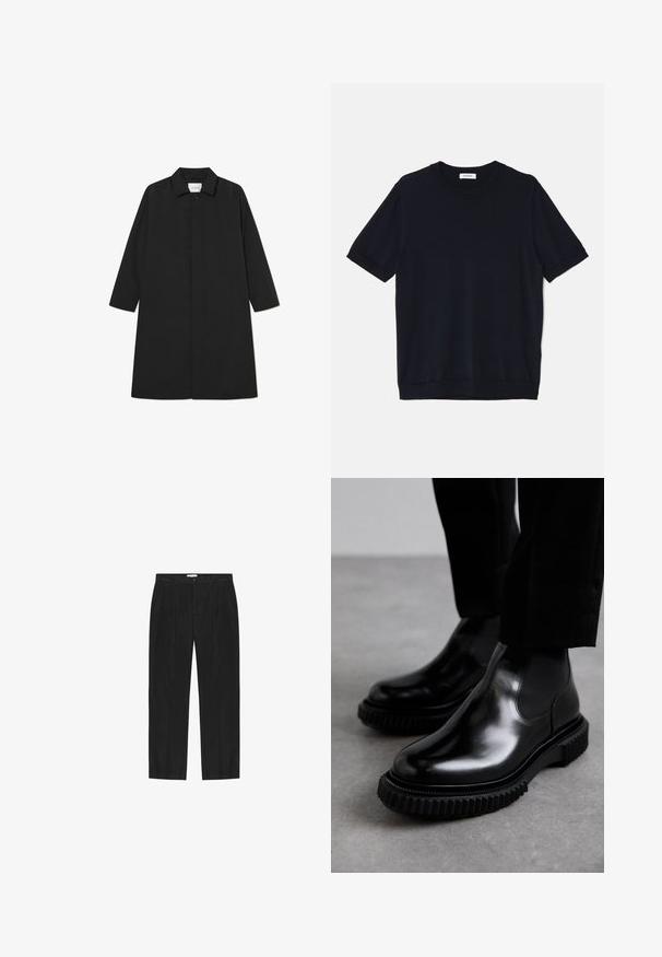 Sort trenchcoat med et minimalistisk design, der har en lige silhuet, lange ærmer, sidelommer og en knaplukning.; sandro PABLO TEE - T-shirts basic - noir; Sorte bukser med lige pasform, lavet af et glat stof. Har to forlommer og lukning med enkelt knap samt pressede pressfolder.; Sorte læder Chelsea støvler med en glat overflade, elastiske sidepaneler og en tykkere, struktureret gummisul med et robust dækmønster.