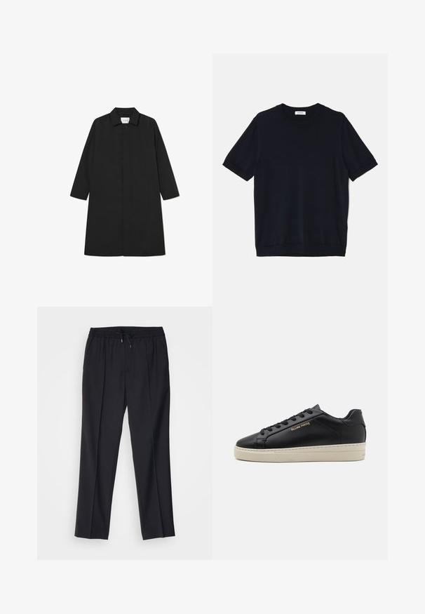 Sort trenchcoat med et minimalistisk design, der har en lige silhuet, lange ærmer, sidelommer og en knaplukning.; sandro PABLO TEE - T-shirts basic - noir; sandro ALPHA - Chino - noir; Sorte lædersneakers med en glat finish, kontrasterende cremefarvet sål, rund tå, guld logo på siden og seks huller til snørebånd.