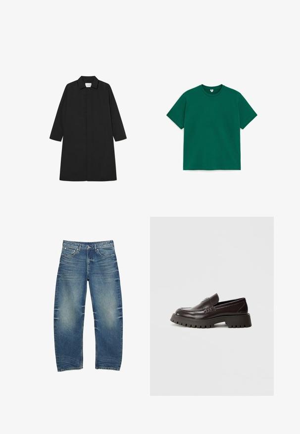 Sort trenchcoat med et minimalistisk design, der har en lige silhuet, lange ærmer, sidelommer og en knaplukning.; Mørkegrøn T-shirt med korte ærmer og rund hals med almindelig pasform, vist fladt på en hvid baggrund.; Lyseblå denimjeans med lige snit, falmet tekstur, slidte detaljer foran og design med fem lommer med metalbeslag.; Bourgognefarvede lædersko med en tyk gummisål, flettet detalje foran og prægede mærkeelementer på hælen. Glat tekstur, elegant design.