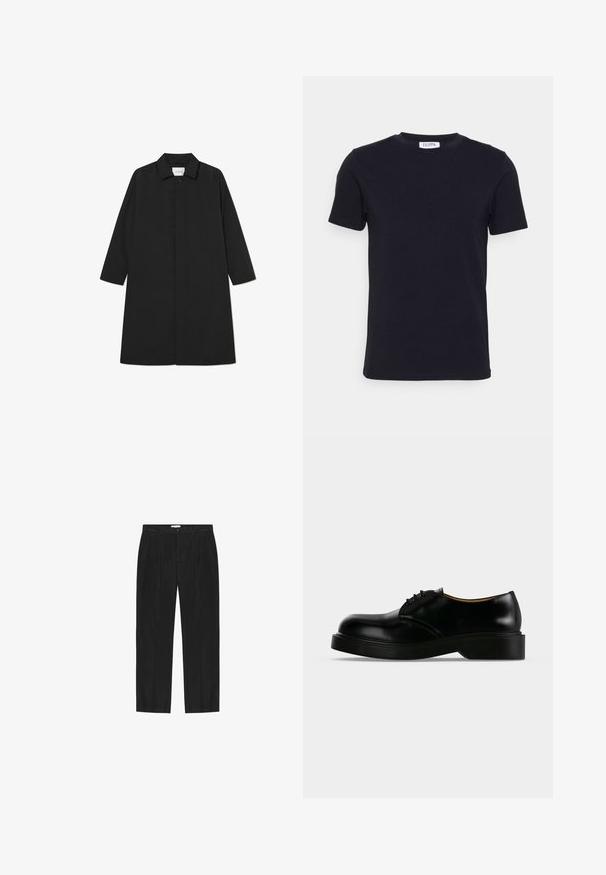 Sort trenchcoat med et minimalistisk design, der har en lige silhuet, lange ærmer, sidelommer og en knaplukning.; Sort kortærmet t-shirt med rund hals og et lille hvidt mærke indeni halsudskæringen.; Sorte bukser med lige pasform, lavet af et glat stof. Har to forlommer og lukning med enkelt knap samt pressede pressfolder.; Sort poleret læder snørestøvle med tyk sål, rundet tå og lav hæl, vist fra siden på en ensfarvet baggrund.