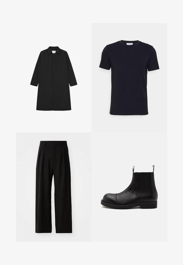 Sort trenchcoat med et minimalistisk design, der har en lige silhuet, lange ærmer, sidelommer og en knaplukning.; Sort kortærmet t-shirt med rund hals og et lille hvidt mærke indeni halsudskæringen.; Sorte bukser med vid ben, der har en glat overflade, to frontplisseringer, knaplukning og sidelommer. Holdbart stof.; Sort læder Chelsea-støvle med rund tå, elastiske sidepaneler, stropper foran og bagpå, flad sål, vist fra siden på hvid baggrund.