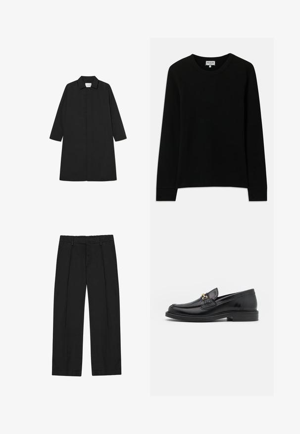 Sort trenchcoat med et minimalistisk design, der har en lige silhuet, lange ærmer, sidelommer og en knaplukning.; Sort langærmet ribbet striktrøje med rund hals, mærket Paul & Joe Paris, størrelse medium, vist på en hvid baggrund.; Sorte bukser med lige ben, der har læg, sidelommer og en flad linning. Fremstillet af glat stof med en mat finish.; Sorte læder loafers med en rund tå, der har guld hardware accent og syningsdetaljer, placeret på en lav, tekstureret gummisål.