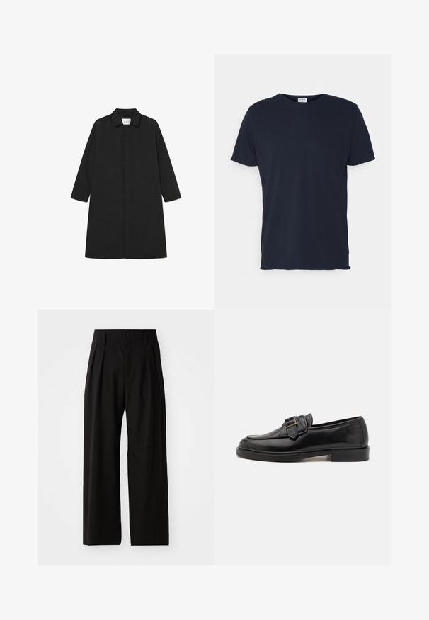 Sort trenchcoat med et minimalistisk design, der har en lige silhuet, lange ærmer, sidelommer og en knaplukning.; Marineblå bomulds t-shirt med rund hals og korte ærmer, med en glat tekstur og enkel design, uden synlige mønstre eller accenter.; Sorte bukser med vid ben, der har en glat overflade, to frontplisseringer, knaplukning og sidelommer. Holdbart stof.; Sorte læder loafers med rund tå og en dekorativ spændeaccent. Flad, solid hæl og glat tekstur hele vejen igennem.