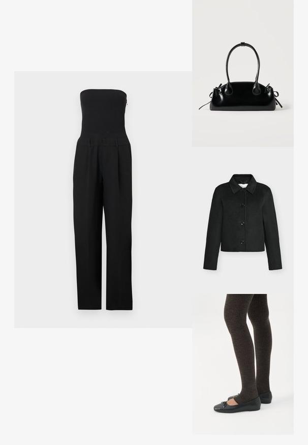 Μαύρο cropped σακάκι από μείγμα μαλλιού με γιακά και τέσσερα κουμπιά μπροστά, μακριά μανίκια και ίσια ρίγα.; Μαύρη ολόσωμη φόρμα χωρίς τιράντες με εφαρμοστή μπούστα και παντελόνια φαρδιάς πατούρας, σε λευκό φόντο.; Πόδια με σκουρόχρωμα ριμπ κολάν συνδυασμένα με μαύρα μπαλαρίνα παπούτσια με μικρές λεπτομέρειες φιόγκων σε λευκό φόντο.; Μικρή μαύρη γυαλιστερή τσάντα με δύο μακριές λαβές και λεπτομέρειες με ρυθμιζόμενο κορδόνι στο πλάι σε απλό ανοιχτό φόντο.