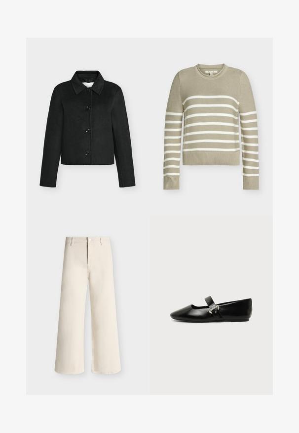 Veste courte noire en mélange de laine avec col et quatre boutons devant, manches longues et ourlet droit.; Pull beige en maille avec des rayures blanches horizontales sur la poitrine et les manches, poignets côtelés et col rond.; Pantalon large couleur écrue avec passants pour ceinture, bouton devant et fermeture éclair, présenté sur un fond clair uni.; Chaussure plate Mary Jane en cuir noir avec bout arrondi et bride à boucle argentée sur fond uni.