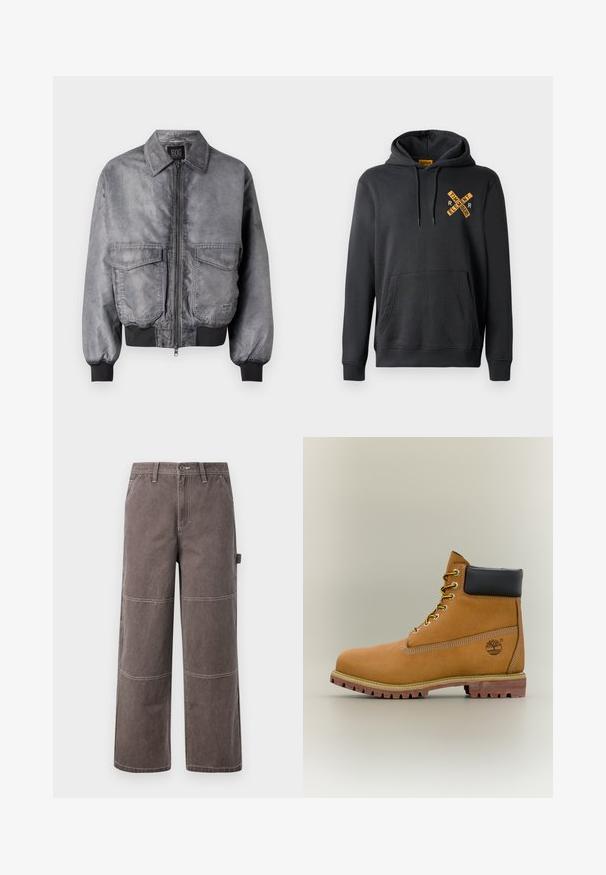 Graue Bomberjacke mit glatter Textur, Reißverschluss vorne, zwei großen Brusttaschen und gerippten Bündchen und Saum. Mit klassischem Kragendesign.; Dunkelgrauer Hoodie aus Baumwollmischgewebe. Mit einer Vordertasche, Kapuze mit Kordelzug und einem orangefarbenen Grafikdesign auf der Brust.; Weite Hosen in einem verblassten Braunton, aus strapazierfähigem Stoff mit kontrastierenden Nähten. Mit Paneeldetails und einer Seitentasche.; Brauner Leder-Stiefelette mit schwarzem Kragen, gelben Schnürsenkeln und hellbrauner Sohle. Verfügt über ein Logo und weiße Ziernähe. Robuste Profilsohle.