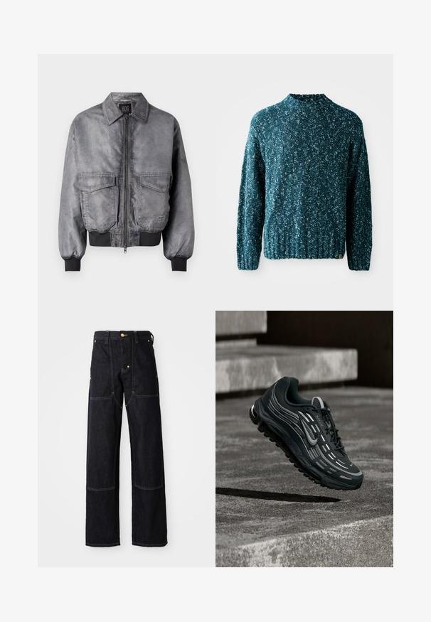 Grå bomberjakke med en glat overflade, lynlås foran, to store brystlommer og ribbede manchetter og nederkant. Har et klassisk kravedesign.; Teal strikket sweater med et struktureret mønster, høj krave og ribkant. Fremstillet af et blødt stof med en let løs pasform.; Mørkeblå denimbukser med lige ben, der har gule stikninger og forlommer. Stoffet ser solidt og struktureret ud.; Sort og grå Nike Air Max sneaker, der flyder over grå betontrin med tekstureret jordbaggrund.