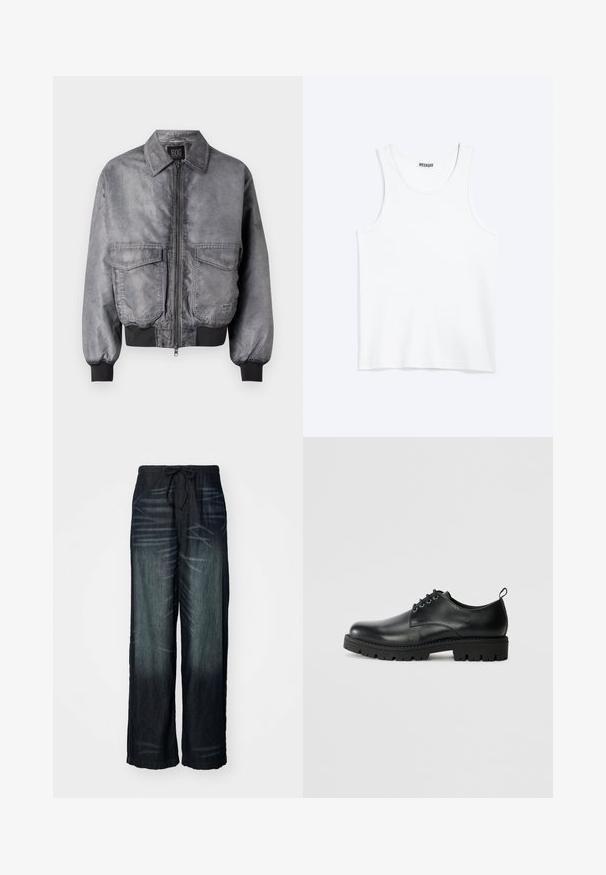 Graue Bomberjacke mit glatter Textur, Reißverschluss vorne, zwei großen Brusttaschen und gerippten Bündchen und Saum. Mit klassischem Kragendesign.; Weißes ärmelloses Tanktop mit rundem Ausschnitt und Weekday-Markenetikett auf der Innenseite des hinteren Kragens, flach auf hellem Hintergrund dargestellt.; Weite Jeans mit allmählichem Farbverlauf in dunklem Denim. Verfügt über einen elastischen Bund mit Kordelzug. Glatte Textur mit dezenten Abnutzungsspuren.; Schwarze Lederschuhe mit runder Zehenform, ausgestattet mit einer Schnürung, robustem schwarzen Gummisohle und einer kleinen Fersenschlaufe auf der Rückseite.