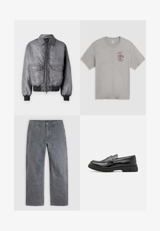 Grå bomberjakke med en glat overflade, lynlås foran, to store brystlommer og ribbede manchetter og nederkant. Har et klassisk kravedesign.; Lysegrå T-shirt med rund hals, med lille vinrød grafik af en brødrister under en paraply og teksten "Keeping them buns toasty since 1873" på venstre bryst.; Grå bukser med lige ben, forstærkede knælapper, forlommer og bæltestropper, vist fladt på en ensfarvet baggrund.; Sort læder loafersko med en bred rem over forfoden, gummisål med tykke mønstre og glat overflade. Klassisk, slankt design.
