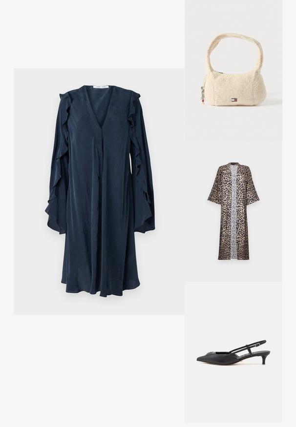 Leopardenmuster-Kimono im lässigen Schnitt mit kurzen Ärmeln, offenem Vorderteil und seidigem Material. Die Farbpalette umfasst Schwarz, Braun und Beige.; Navyblaues Kleid mit V-Ausschnitt und Rüschensleeves. Aus leichtem Stoff gefertigt, mit vier Knöpfen und einer fließenden Silhouette.; Schwarze Slingback-Schuhe mit einer spitzen Zehe, aus glattem Material gefertigt, mit einem kleinen Absatz und einem dekorativen silbernen Akzent auf dem Blatt.; Handtasche in Cremefarbe aus weichem, strukturiertem Material mit geschwungenem Träger, rundlicher Form, Reißverschluss und Markenlogo-Akzent.