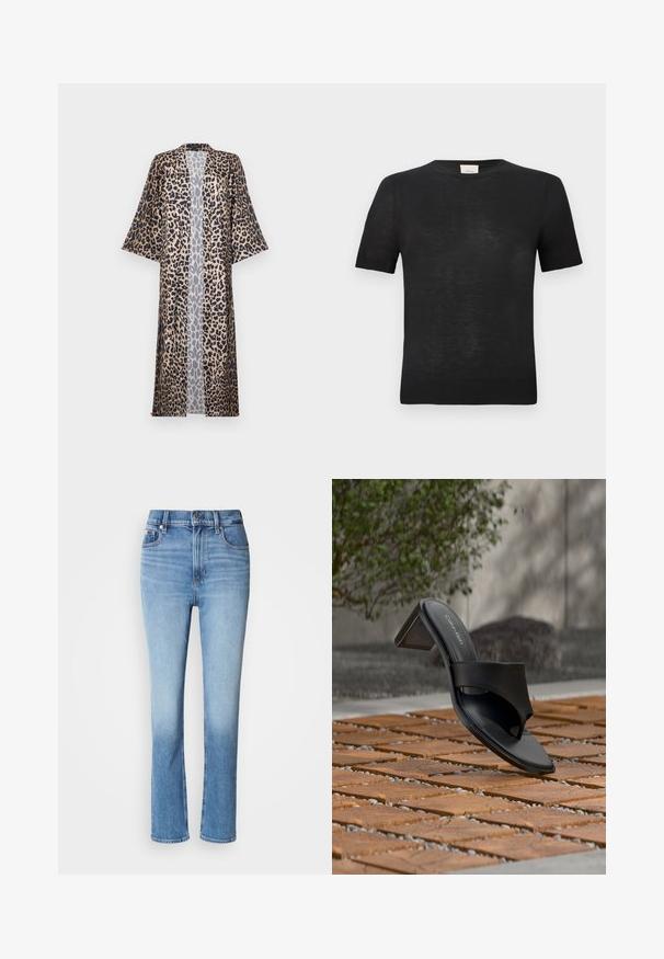 Kimono s leopardím vzorom s uvoľneným strihom, s krátkymi rukávmi, otvoreným predným dielom a hodvábnou textúrou. Farebná paleta zahŕňa čiernu, hnedú a béžovú.; Čierne tričko s krátkym rukávom vyrobené z ľahkej, textúrovanej látky. Okrúhly výstrih s jemným žebrovaným lemovaním na rukávoch a spodnom leme.; Modré denimové džínsy s vysokým pásom, priamym strihom, vyblednutým farebným prechodom a piatimi vreckami. Kovový gombík a zips na zapínanie.; Čierna sandála Calvin Klein na podpätku s prstovou slučkou na drevenej dlažbe vonku pri strome a kamennom múre.