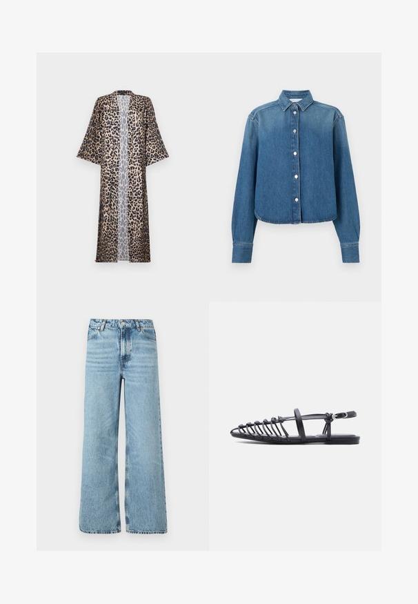 Kimono s leopardím vzorom s uvoľneným strihom, s krátkymi rukávmi, otvoreným predným dielom a hodvábnou textúrou. Farebná paleta zahŕňa čiernu, hnedú a béžovú.; Modrá rifľová košeľa s golierom, dlhými rukávmi a zapínaním na gombíky vpredu. Má krátky lem a jemnú textúru.; Svetlomodré široké džínsy vyrobené z denimu, s vysokým pásom, päť vreckovým dizajnom a kontrastným prešívaním pozdĺž švov.; Čierna plochá sandála s viacerými tenkými remienkami, prackou na členku a otvoreným dizajnom na špičke na bielom pozadí.