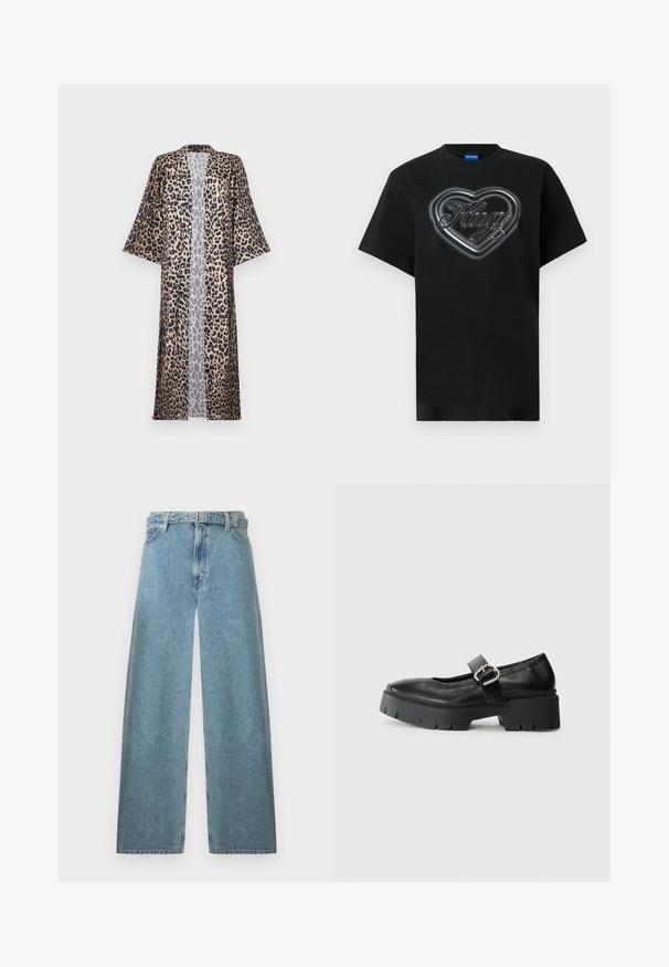 Leopardprint kimono met een relaxte pasvorm, voorzien van korte mouwen, een open voorkant en een zijdeachtige textuur. Het kleurenpalet bestaat uit zwart, bruin en beige.; Zwart T-shirt met korte mouwen, met een groot grijs hart en het woord "Hugo" in sierlijke letters gecentreerd op de borst.; Lichtblauwe denim jeans met wijde pijpen, een hoge taille, riemlussen, een knoopsluiting aan de voorkant en een rits, afgebeeld op een witte achtergrond.; Zwarte leren Mary Jane schoenen met een chunky plateauzool, ronde neus en zijgespsluiting. Glad uiterlijk met minimale stiksels.