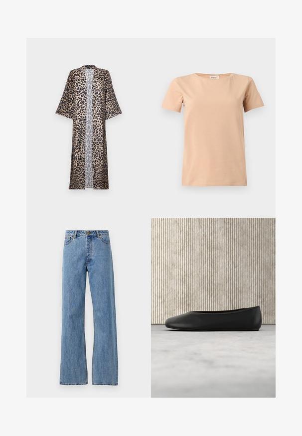 Kimono con estampado de leopardo y corte relajado, con mangas cortas, abertura frontal y textura sedosa. La paleta de colores incluye negro, marrón y beige.; Camiseta beige de manga corta con cuello redondo y dobladillo recto sobre un fondo liso gris claro.; Jeans de tiro alto de pierna recta en azul claro, con botón frontal, cremallera y diseño de cinco bolsillos sobre un fondo blanco liso.; Bailarinas de cuero negro con punta redondeada, textura suave y un acento de logo dorado en el costado. Posicionadas sobre una superficie reflectante.