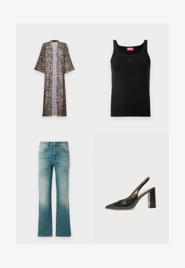 Kimono s leopardím vzorom s uvoľneným strihom, s krátkymi rukávmi, otvoreným predným dielom a hodvábnou textúrou. Farebná paleta zahŕňa čiernu, hnedú a béžovú.; Čierny tielkový top z rebrovanej tkaniny. Má zaoblený výstrih, široké ramienka a malú nášivku s logom na prednej strane. Bez viditeľných vzorov.; Svetlomodré denimové džínsy so širokým strihom nohavíc, ktoré majú predné vrecká a bledý umývaný vzhľad pre opotrebovaný dojem.; Čierna kožená slingback obuv s špicatou špičkou, vysokým hrubým podpätkom a béžovou vnútornou podšívkou na svetlom jednofarebnom pozadí.
