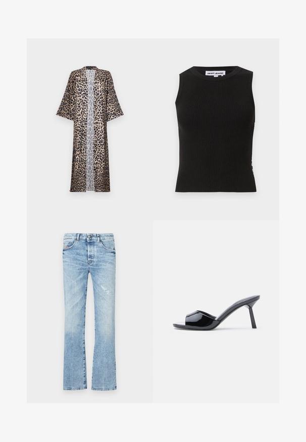 Leopardprint kimono met een relaxte pasvorm, voorzien van korte mouwen, een open voorkant en een zijdeachtige textuur. Het kleurenpalet bestaat uit zwart, bruin en beige.; Zwarte geribbelde tanktop met een ronde hals, met een getailleerd ontwerp en subtiele textuur. De ribbels lopen door de stof.; Lichtblauwe flared jeans van denim. Heeft een vervaagde wassing, een gescheurd stuk, vijf zakken en een knoopsluiting in de taille.; Zwarte lakleren open-teen sandalen met hak, met een gebogen bovenkant ontwerp en een taps toelopende naaldhak. Gladde glanzende afwerking.