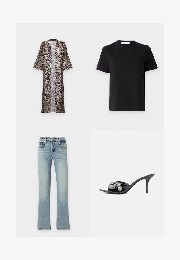 Kimono s leopardím vzorom s uvoľneným strihom, s krátkymi rukávmi, otvoreným predným dielom a hodvábnou textúrou. Farebná paleta zahŕňa čiernu, hnedú a béžovú.; Čierne tričko s krátkym rukávom vyrobené z mäkkej bavlny, s okrúhlym výstrihom, uvoľneným strihom a hladkou štruktúrou. Žiadne viditeľné vzory ani grafika.; Svetlomodré džínsy s rozšírenými nohavicami, ktoré majú päť vreciek, pútka na opasok a opraný vzhľad.; Čierne lakované kožené mule na vysokom opätku s otvorenou špičkou a ozdobnými striebornými príveskami vrátane kvetu a visacieho zámku na prednom remienku.