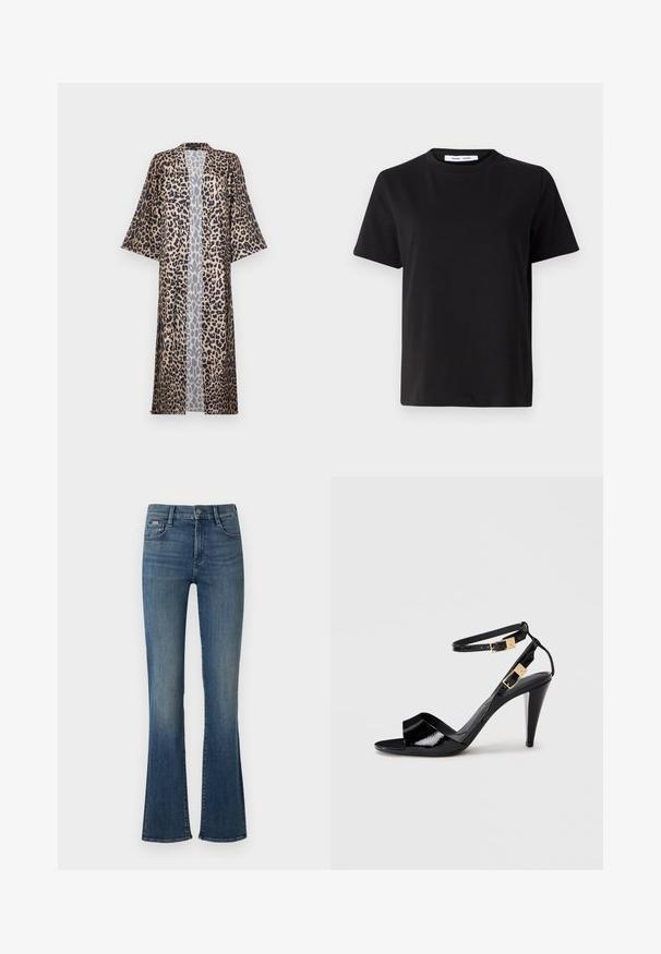 Leopardprint kimono med en afslappet pasform, der har korte ærmer, åben fortil og en silkeagtig tekstur. Farvepaletten omfatter sort, brun og beige.; Sort t-shirt med korte ærmer fremstillet af blødt bomuld, med rund halsudskæring, afslappet pasform og en glat overflade. Ingen synlige mønstre eller grafik.; Mørkeblå vide jeans lavet af denim, med høj talje, enkelt frontknap og diskret falmning langs benene.; Sorte patentlæder højhælede sandaler med dobbelte ankelremme og guldspænder, åben tå og slank taperet hæl på neutral baggrund.
