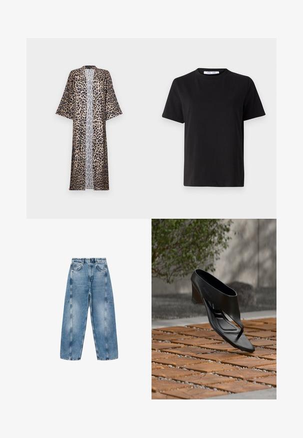 Kimono con estampado de leopardo y corte relajado, con mangas cortas, abertura frontal y textura sedosa. La paleta de colores incluye negro, marrón y beige.; Camiseta negra de manga corta hecha de algodón suave, con un cuello redondo, corte relajado y una textura lisa. Sin patrones ni gráficos visibles.; Los pantalones vaqueros de denim azul claro tienen un ajuste relajado, grandes bolsillos y costuras en contraste. La tela tiene un acabado desgastado con una textura suave.; Sandalia negra de tacón alto con tira entre los dedos, flotando sobre una superficie exterior de madera y grava con patrón, con vegetación desenfocada y pared al fondo.