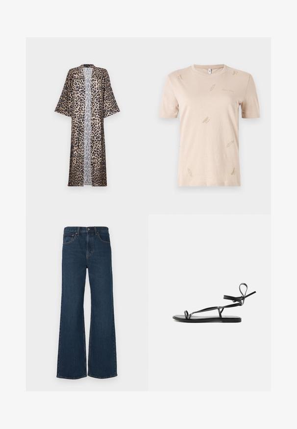 Leopardprint kimono med en afslappet pasform, der har korte ærmer, åben fortil og en silkeagtig tekstur. Farvepaletten omfatter sort, brun og beige.; Beige bomulds T-shirt med rund hals. Har små, subtile fjer mønstre i en lysere nuance. Korte ærmer, almindelig pasform.; Mørk vask, smækkede bukser lavet af denim. Har fem lommer, en knaplukning og synlige syninger langs sømmene.; Sort flad sandal med tynde stropper og et ankelomviklingsdesign på en ensartet lys baggrund.