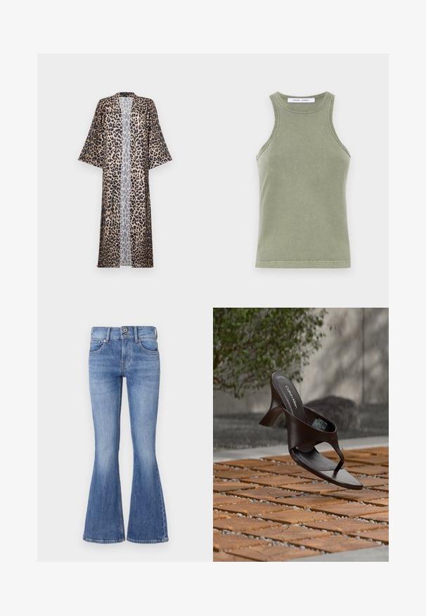Kimono s leopardím vzorom s uvoľneným strihom, s krátkymi rukávmi, otvoreným predným dielom a hodvábnou textúrou. Farebná paleta zahŕňa čiernu, hnedú a béžovú.; Olivovo zelený top bez rukávov vyrobený z mäkkej bavlny, s okrúhlym výstrihom a prešívanými okrajmi. Jednoduchý, priliehavý strih.; Fľakaté modré denimové džínsy so stredným pásom, piatimi vreckami a svetlým umývaním. Obsahujú jemné vyblednutie a kontrastné šitie.; Hnedá šľapka na podpätku značky Calvin Klein s remienkom, zavesená nad drevenou dlaždicou a štrkovým vonkajším povrchom s rozmazaným zeleným a kamenným pozadím.