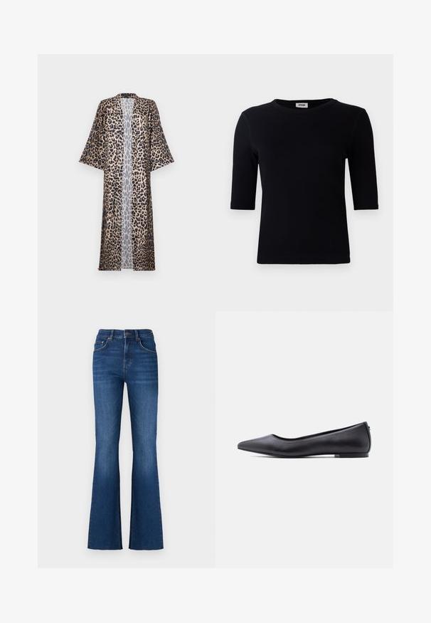 Leopardprint kimono med en afslappet pasform, der har korte ærmer, åben fortil og en silkeagtig tekstur. Farvepaletten omfatter sort, brun og beige.; Sort ribbet t-shirt med rund halsudskæring og trekvart ærmer. Stoffet har en glat tekstur og lige kant. Ingen synlig branding.; Bla jeans med flare, lavet af denim, med høj talje, fem-lommer design, subtil fading og kontrastsy detaljer.; Sort flad lædersko med spidst tåparti og lav hæl, vist i sideprofil mod en hvid baggrund.